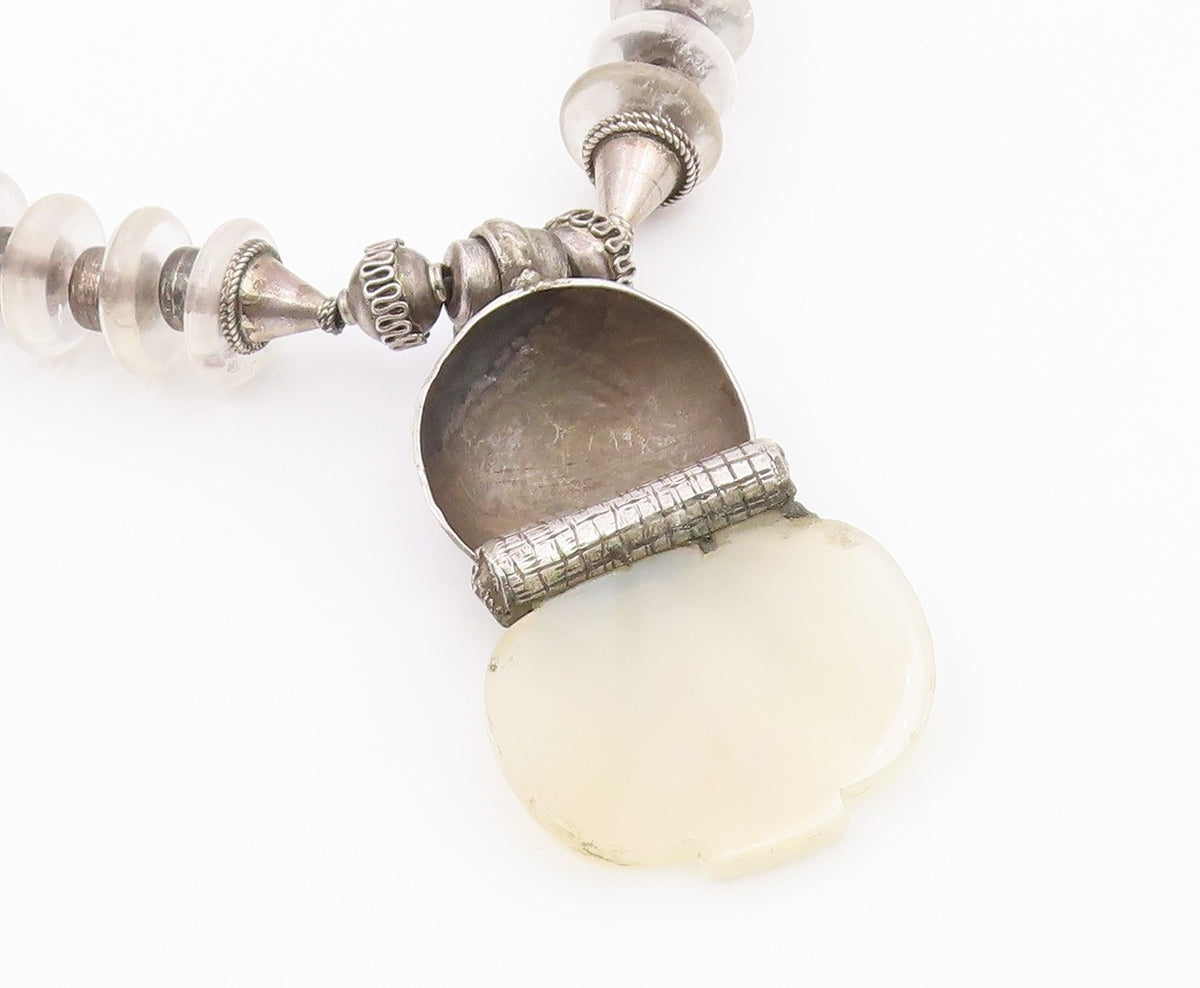Vintage Silver Necklace Etched Goddess Glass & Bead Heavy Viking  NE3890