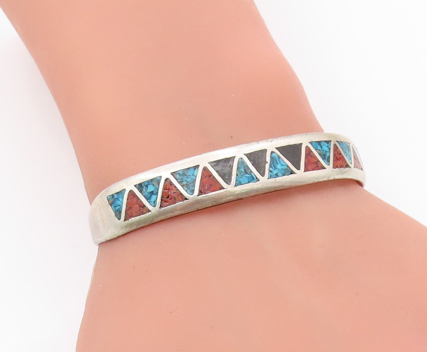 925 Sterling Silver Vintage Bracelet NAVAJO ZUNI Multi Gemstone Inlay  BT11591