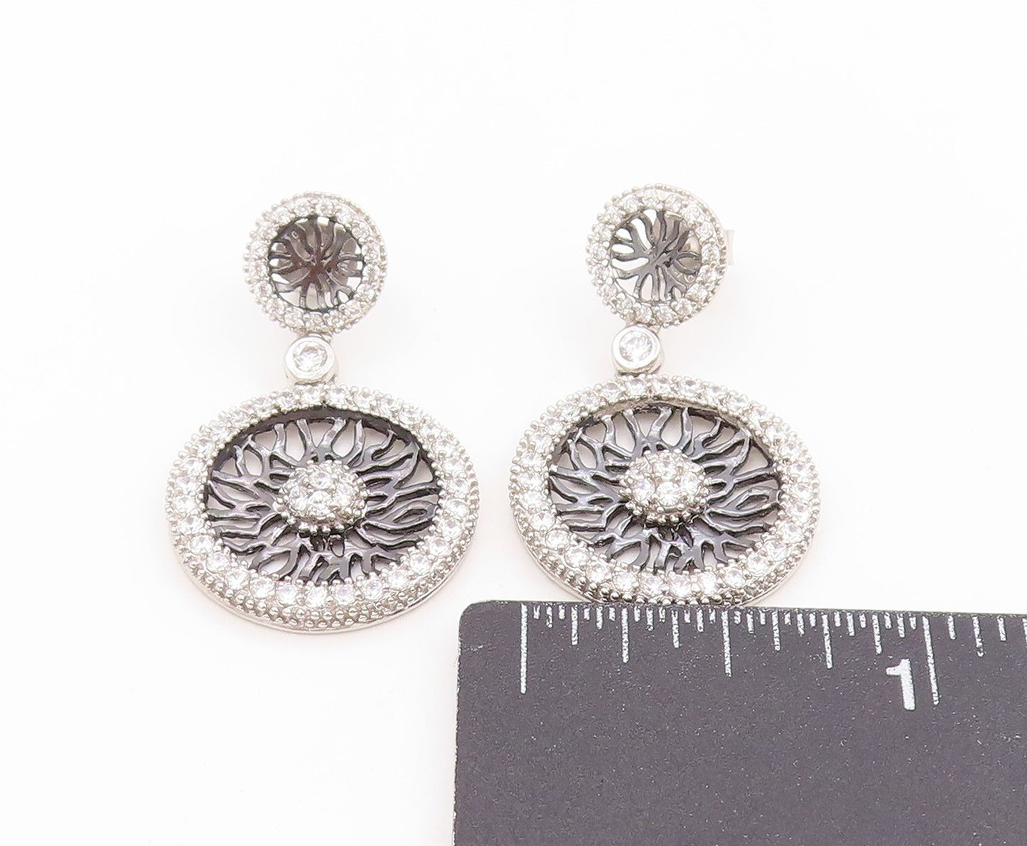 925 Sterling Silver Vintage Earrings CZ Intricate Open Circular Wheels  EG14021