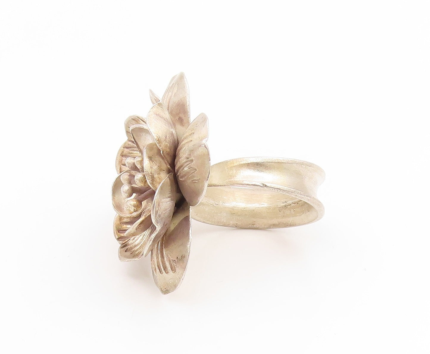 925 Sterling Silver Vintage Ring Modernist Etched Hibiscus Flower  Sz 5  RG35158