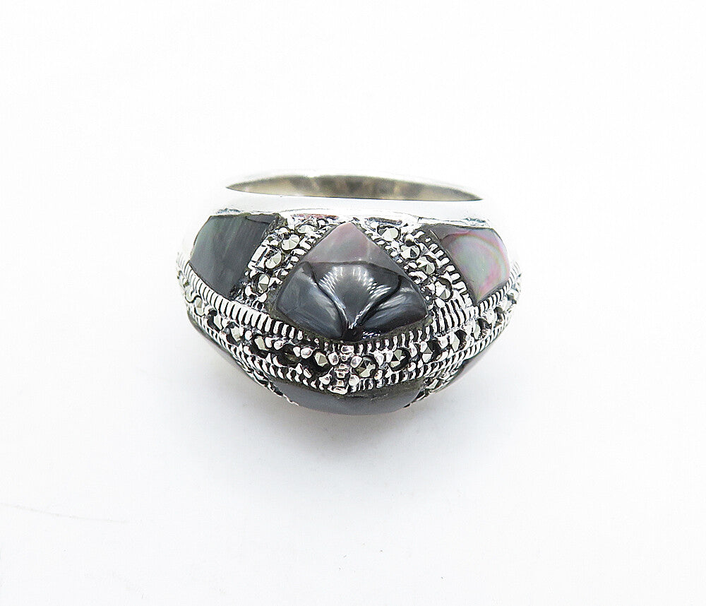925 Sterling Silver  Abalone Shell & Marcasite Dome Cocktail Ring Sz 8  RG5827