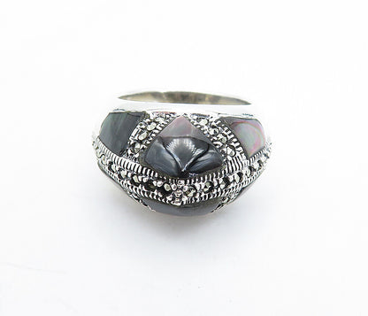 925 Sterling Silver  Abalone Shell & Marcasite Dome Cocktail Ring Sz 8  RG5827