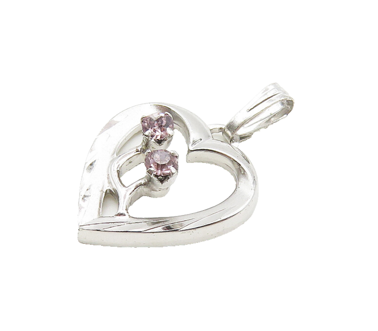 925 Sterling Silver  Shiny Petite Pink Topaz Open Love Heart Pendant  PT13881