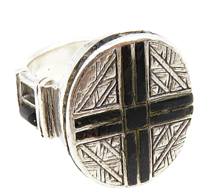 PB 925 Sterling Silver Vintage Black Onyx Cross Etched Band Ring Sz 8 RG8893