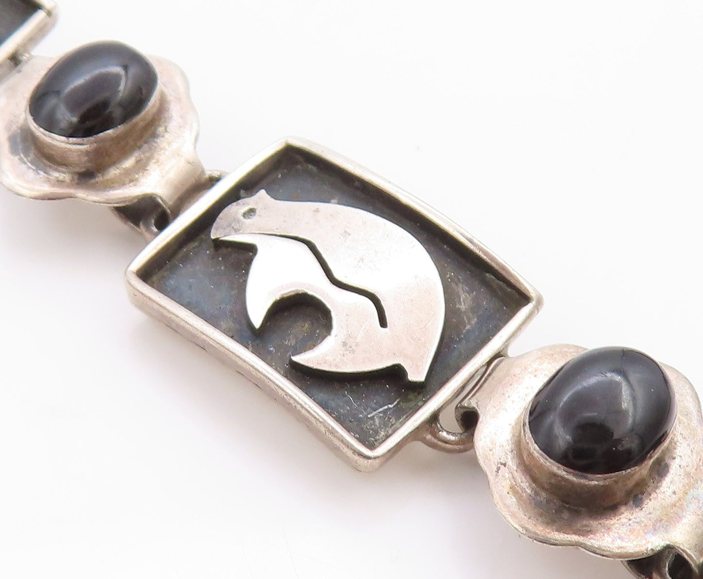 925 Sterling Silver Vintage Bracelet MEXICO Onyx Animals Motif Design  BT11364