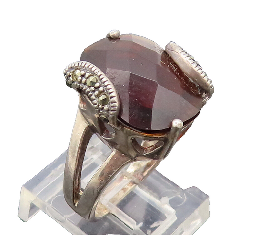 925 Silver  Vintage Heart Cut Neck Smokey Quartz Marcasite Ring Sz 6  RG27301