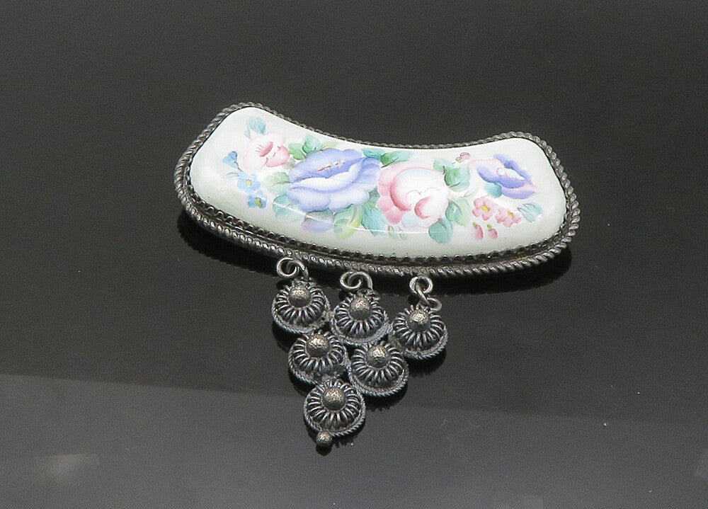925 Sterling Silver  Vintage Enamel Floral Art Twist Border Brooch Pin  BP8654