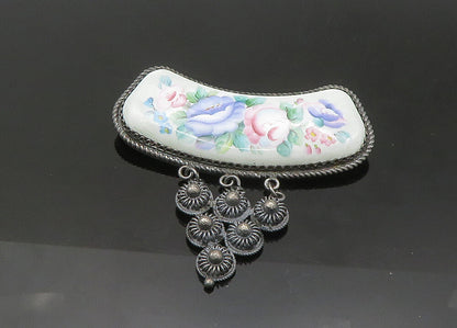 925 Sterling Silver  Vintage Enamel Floral Art Twist Border Brooch Pin  BP8654