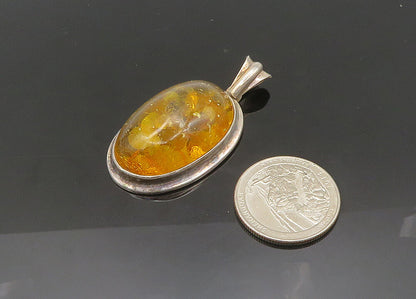 925 Sterling Silver  Vintage Cabochon Cut Amber Oval Drop Pendant  PT16614