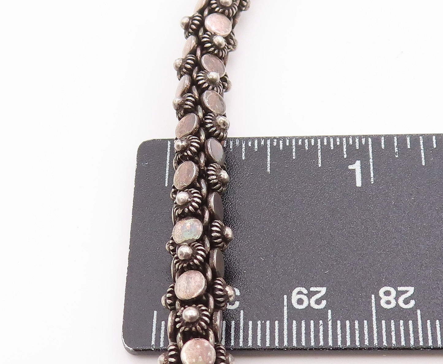925 Sterling Silver Vintage Necklace Dark Tone Floral Beaded Rope Chain  NE4676