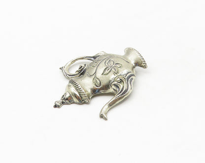 925 Sterling Silver  Vintage Floral Swirl Etched Tea Pot Brooch Pin  BP7089