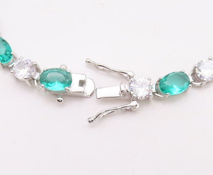 925 Sterling Silver Vintage Bracelet Oval Cut Sea Green & White Topaz  BT10880