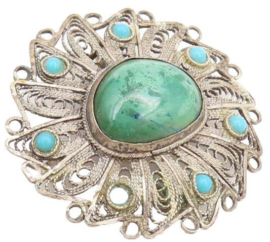 ISRAEL 925 Silver  Vintage Antique Filigree Turquoise Brooch Pin  BP10308