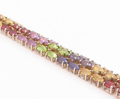 925 Sterling Silver Vintage Bracelet Oval Cut Multi Gemstone Triple Row  BT11689