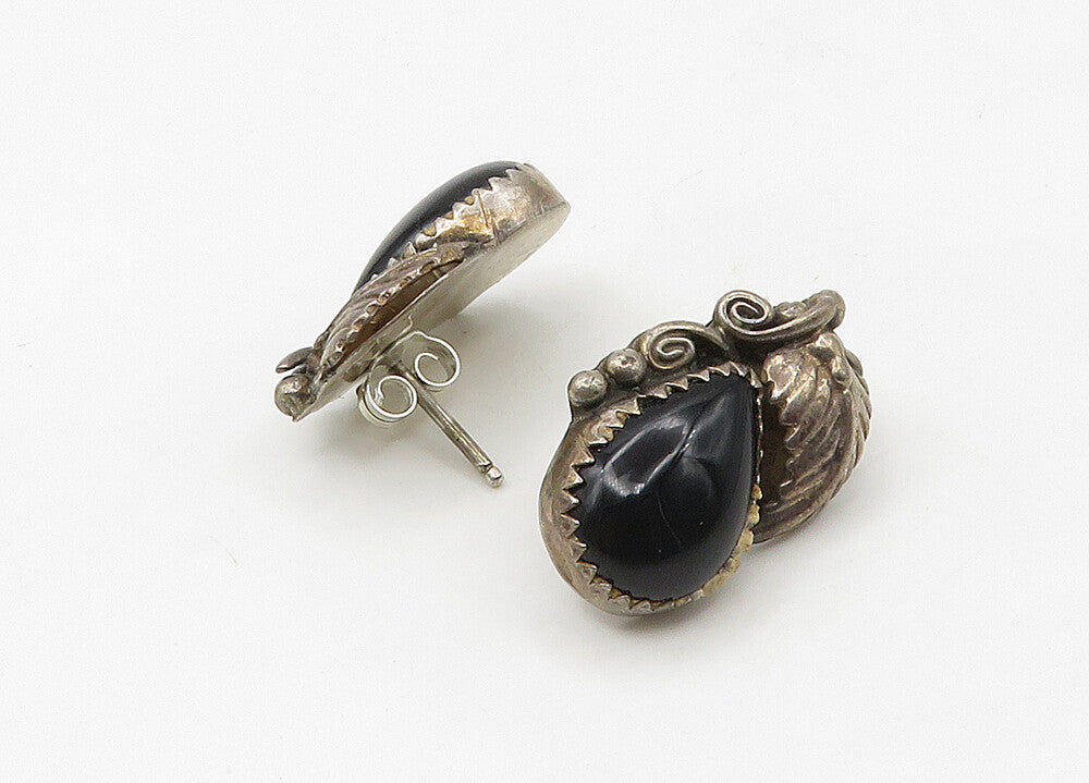 NAVAJO 925 Silver  Vintage Black Onyx Floral Leaf Drop Earrings  EG10682