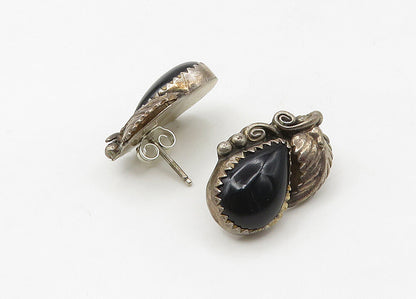 NAVAJO 925 Silver  Vintage Black Onyx Floral Leaf Drop Earrings  EG10682