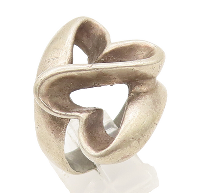 925 Sterling Silver Vintage Ring Swirly Ribbon Twisted Hearts Sz 5.5  RG27834