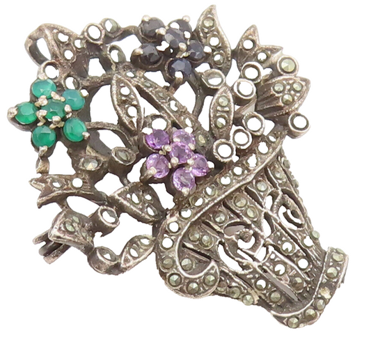 925 Silver  Vintage Marcasite Multicolor Gems Flower Basket Brooch Pin BP10424