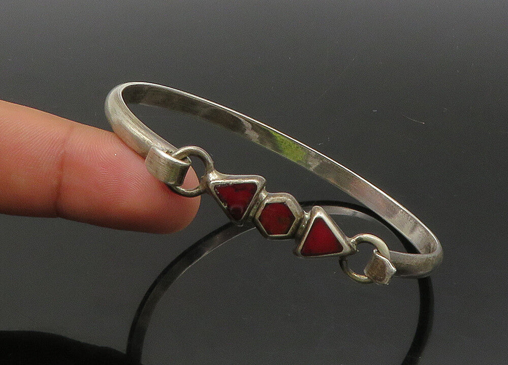 MEXICO 925 Sterling Silver  Vintage Red Jasper Hook Bangle Bracelet  BT8695