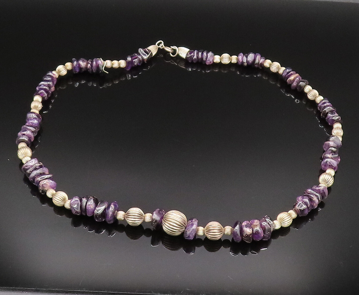 925 Sterling Silver  Vintage Ribbed Sphere & Charoite Pattern Necklace  NE3909