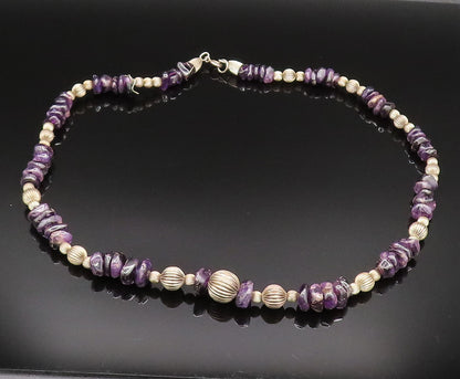 925 Sterling Silver  Vintage Ribbed Sphere & Charoite Pattern Necklace  NE3909