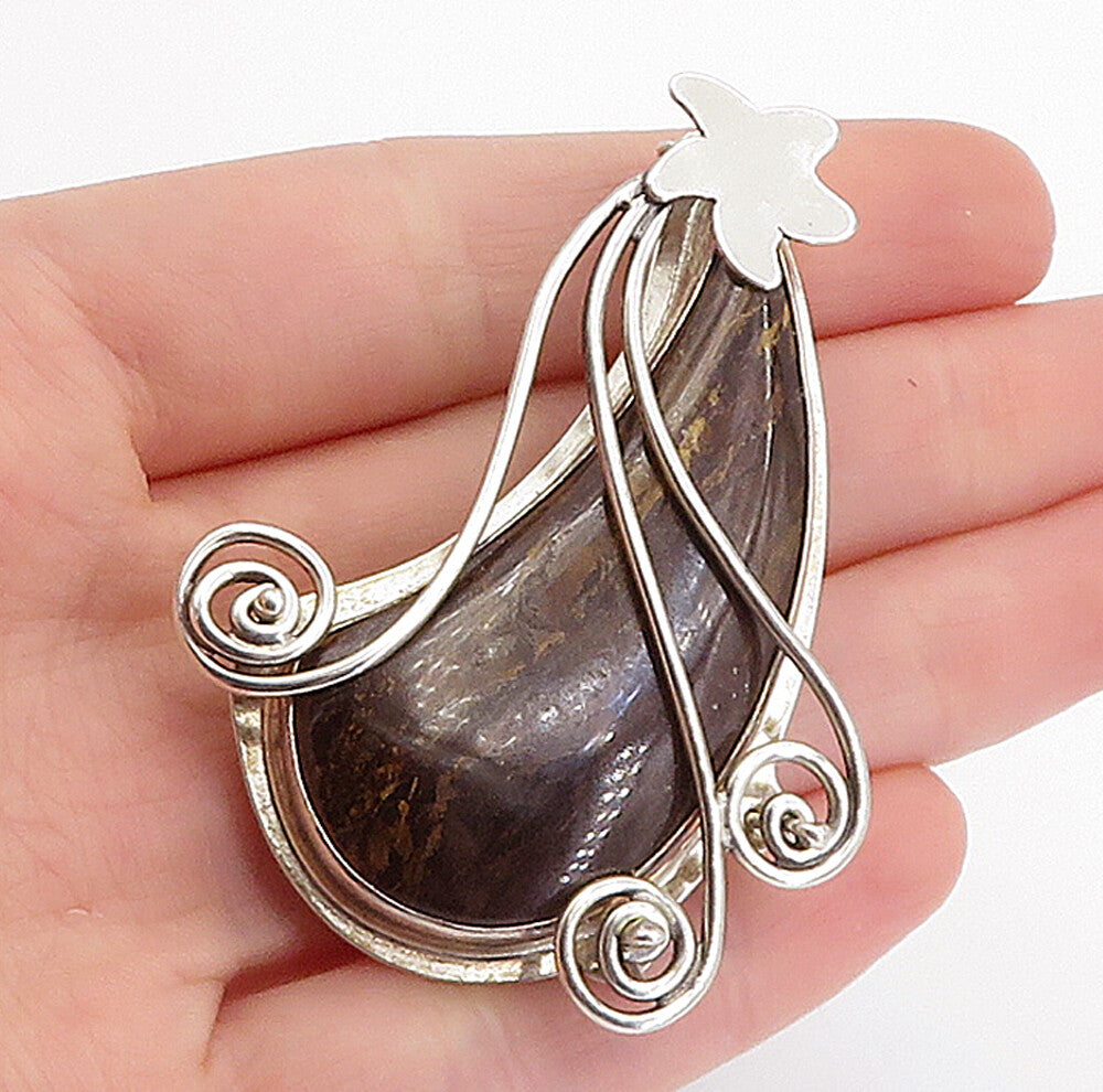925 Sterling Silver  Vintage Brown Jasper Shiny Spiral Star Pendant  PT3284