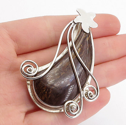 925 Sterling Silver  Vintage Brown Jasper Shiny Spiral Star Pendant  PT3284