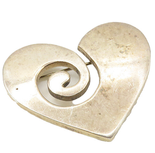 MWS MEXICO 925 Silver  Vintage Spiral Cutout Love Heart Brooch Pin  BP6936