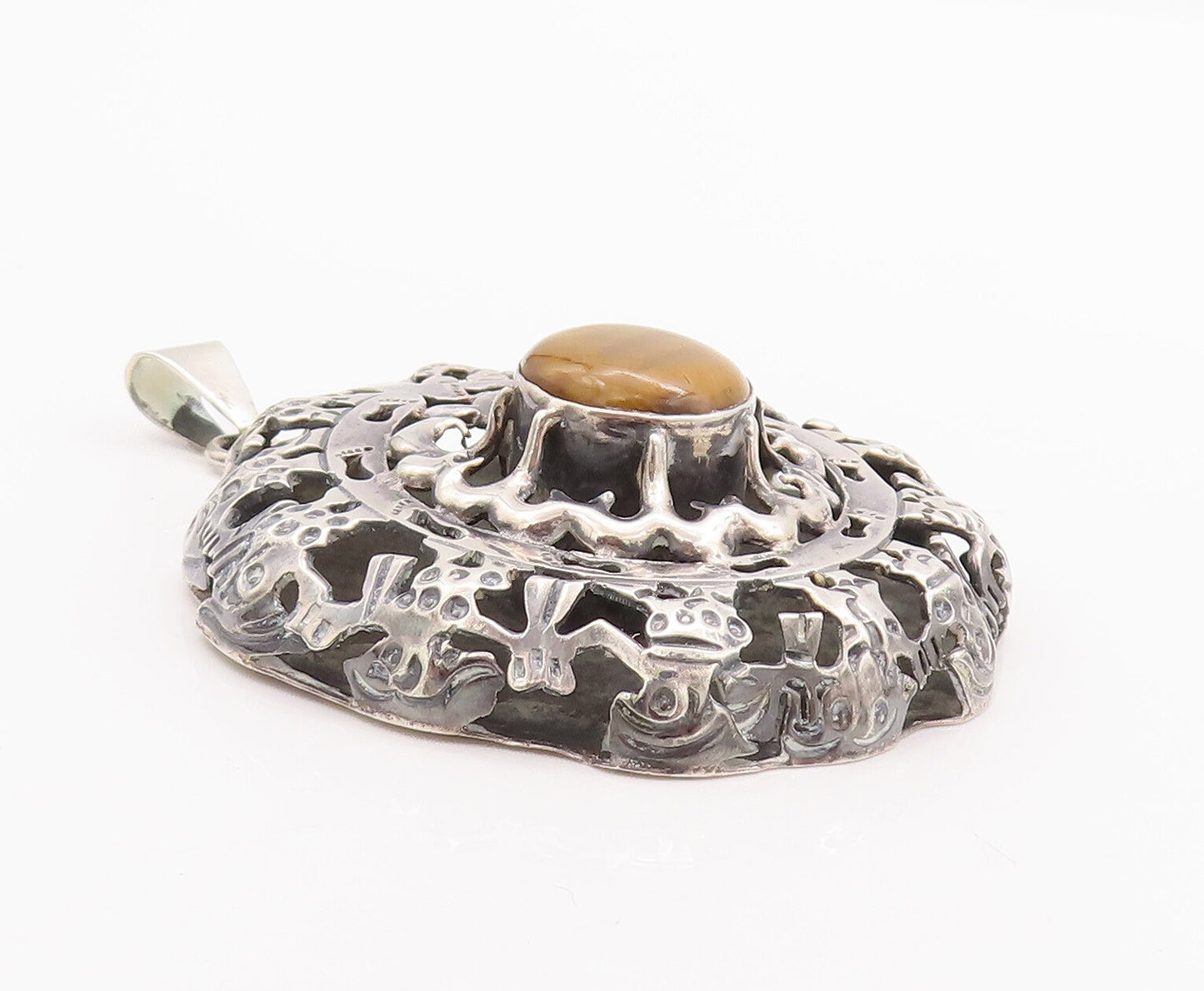 925 Sterling Silver Vintage Pendant LOS BALLESTEROS MEXICO Tiger's Eye  PT22893