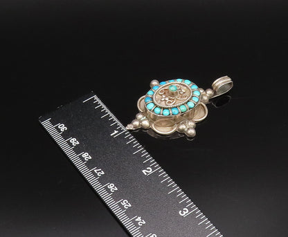 925 Sterling Silver Vintage Beaded & Rope Twist Multi Turquoise Pendant  PT21766