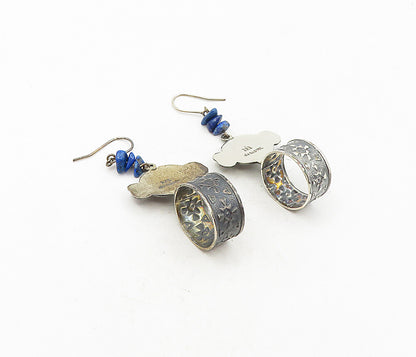 925 Sterling Silver Vintage Lapis Lazuli Traditional Face Dangle Earrings EG4647