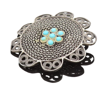 ISRAEL 925 Silver  Vintage Turquoise Flower Wire Mesh Brooch Pin  BP10286