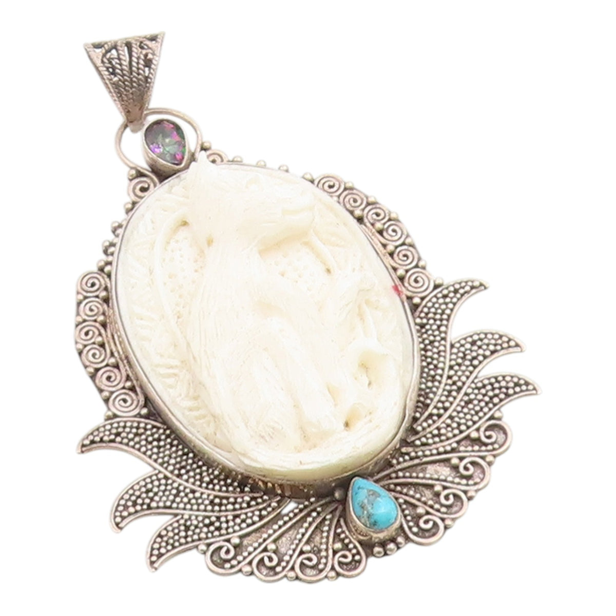 925 Sterling Silver Vintage Pendant Mystic Topaz & Turquoise Carved Cat  PT26200