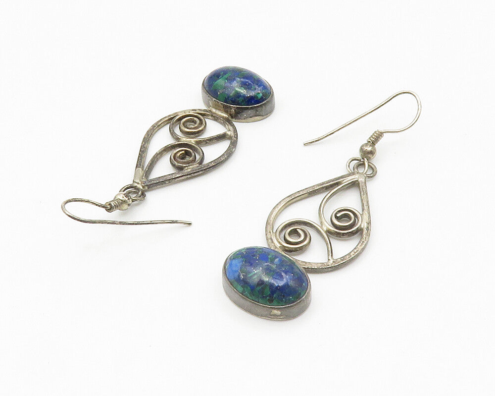 925 Sterling Silver  Vintage Cabochon Cut Azurite Swirl Drop Earrings  EG7168