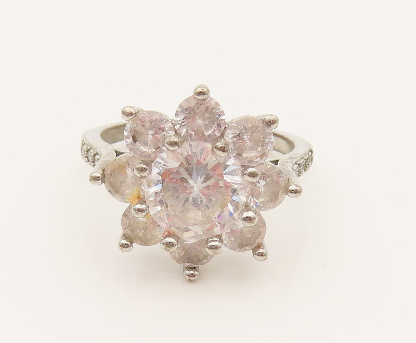 925 Silver  Vintage Fancy Cubic Zirconia Flower Fashion Ring Sz 7.25  RG26337