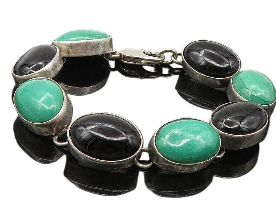 925 Sterling Silver  Vintage Malachite & Black Onyx Chain Bracelet  BT4442