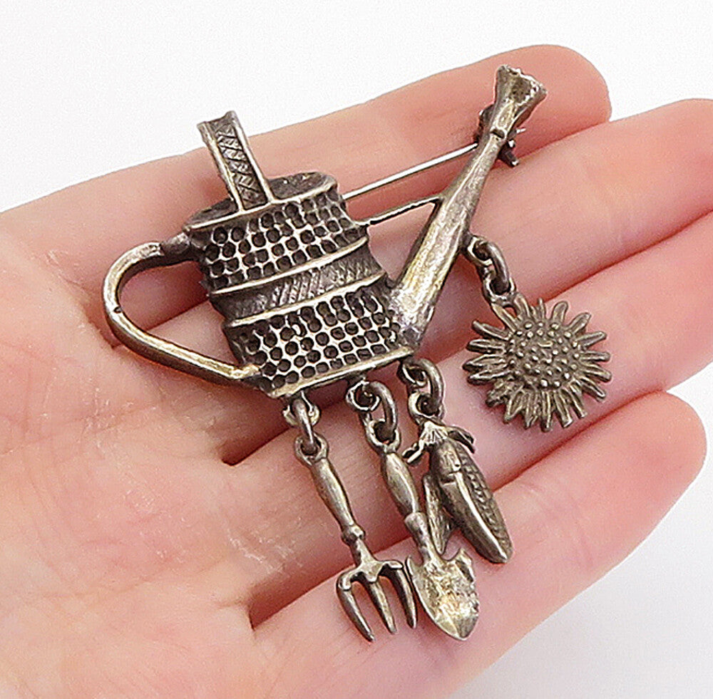 MEXICO 925 Sterling Silver  Vintage Charmed Watering Can Brooch Pin  BP2797