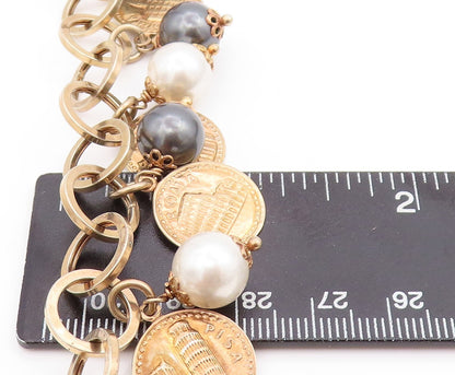 925 Sterling Silver Vintage Bracelet Gold Rings Dangling Pearls & Coins  BT10986