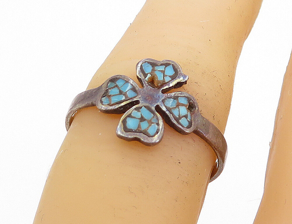 SOUTHWESTERN 925 Silver Vintage Turquoise Clover Band Ring Sz 6.5 RG5515
