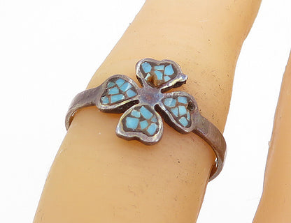 SOUTHWESTERN 925 Silver Vintage Turquoise Clover Band Ring Sz 6.5 RG5515