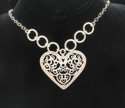 925 Sterling Silver  Shiny Cutout Swirl Love Heart Chain Necklace  NE1721