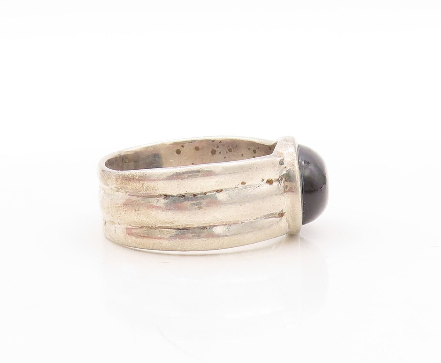 925 Sterling Silver Vintage Ring Carved Band Cabochon Oval Onyx  Sz 12.5 RG31443