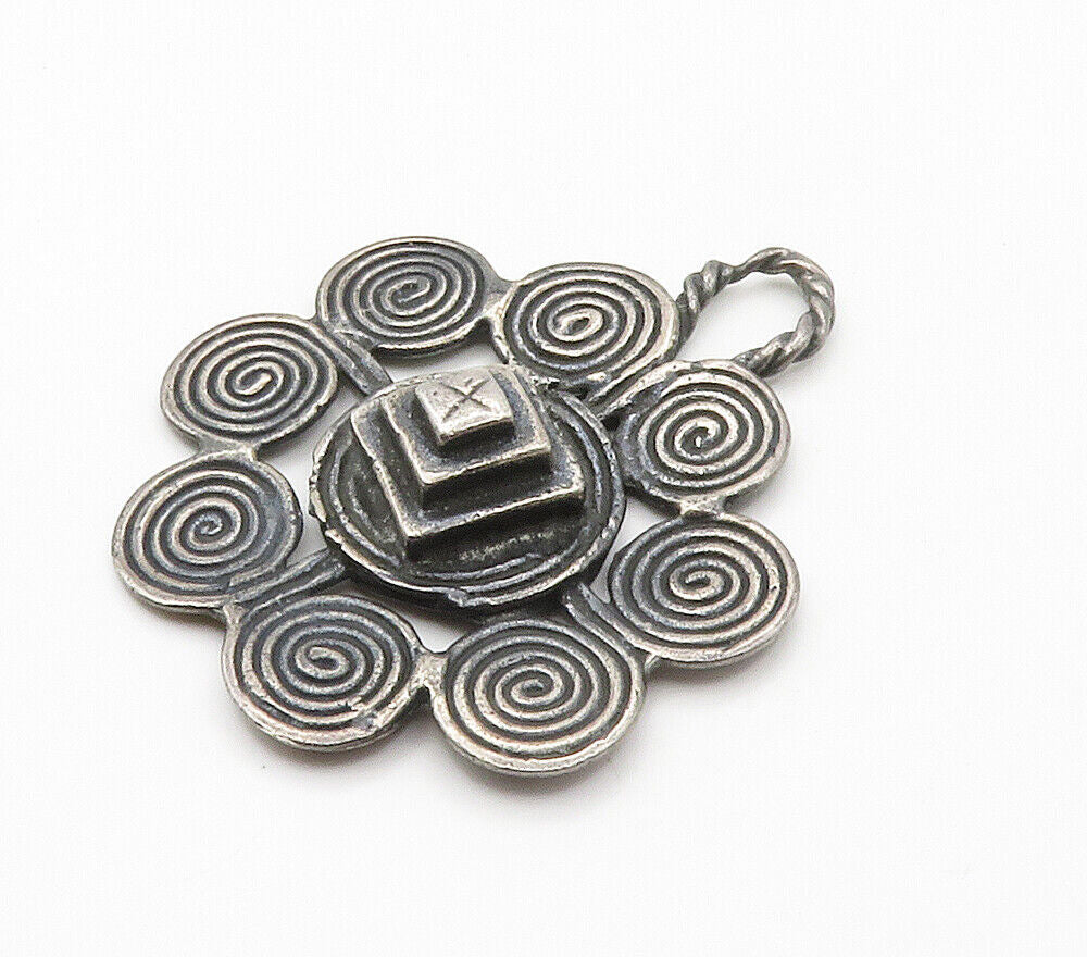 925 Sterling Silver  Vintage Oxidized Swirl Flower Motif Pendant  PT11902