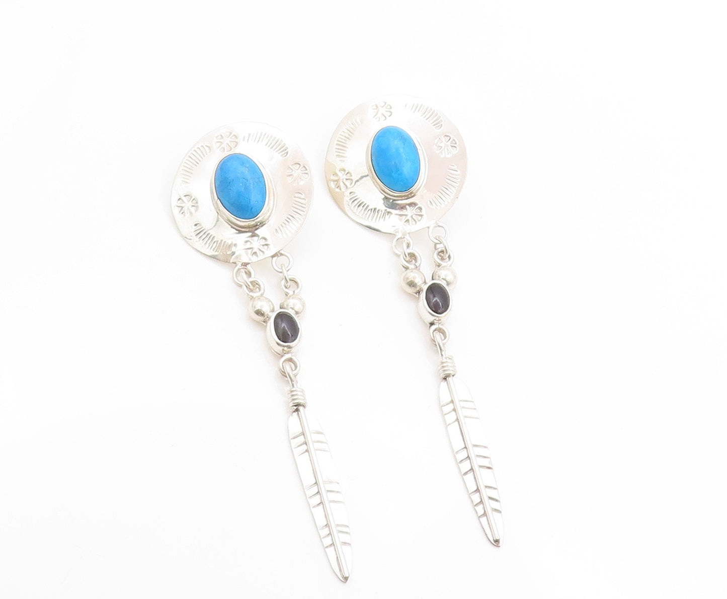 925 Sterling Silver Vintage Earrings MEXICO Etched Turquoise Drop Onyx  EG13575