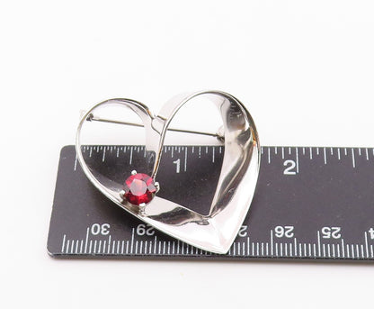 925 Sterling Silver  Vintage Garnet Shiny Love Heart Ribbon Brooch Pin  BP8226