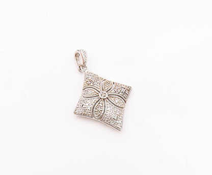 925 Sterling Silver  Vintage Genuine Diamonds Floral Motif Pendant  PT18130