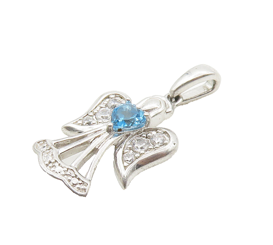 925 Sterling Silver  Shiny Blue Topaz & Cubic Zirconia Angel Pendant  PT12454