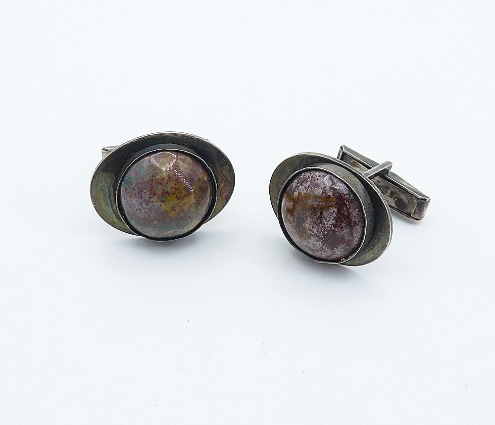 BEBE 925 Sterling Silver  Vintage Cabochon Cut Jasper Round Cuff Links  TR1295