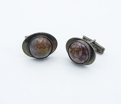BEBE 925 Sterling Silver  Vintage Cabochon Cut Jasper Round Cuff Links  TR1295