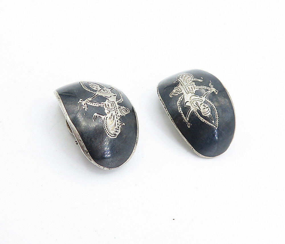 SIAM 925 Sterling Silver  Vintage Niello Dancer Non Pierce Earrings  EG2581